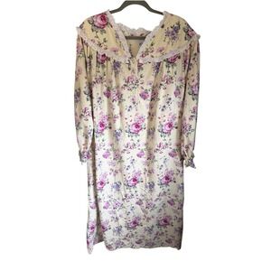 Cozee Corner Women XL Cotton Flannel Nightgown Floral Pink Purple Lace Trim L/S